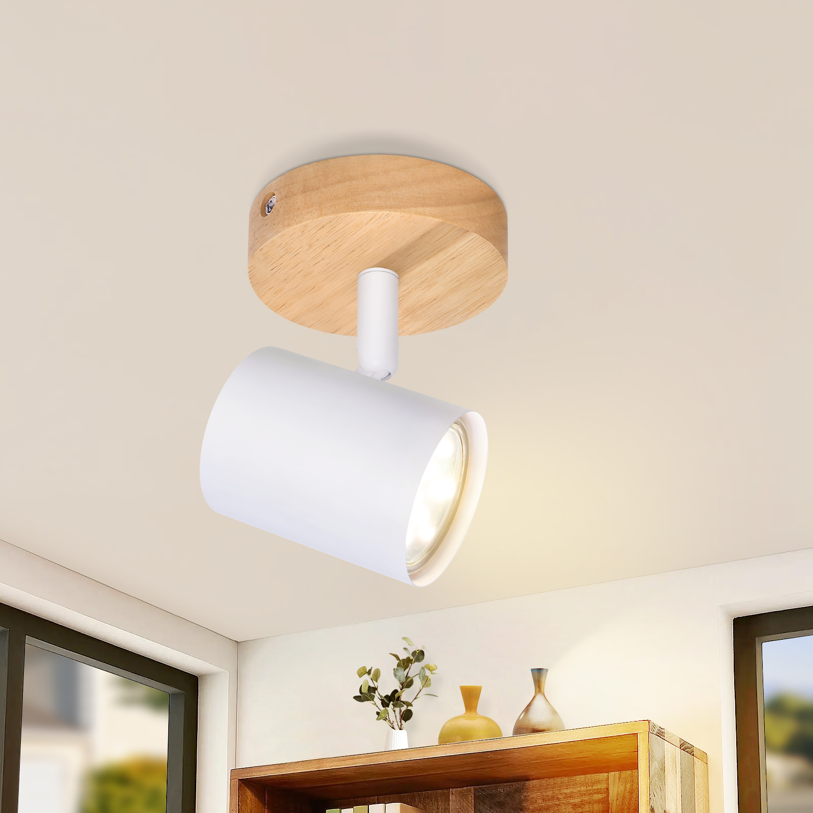 NETTLIFE LED-taklampa med 1 ljuskälla - Vit GU10-taklampa Roterande spotlight i trä Utan glödlampa