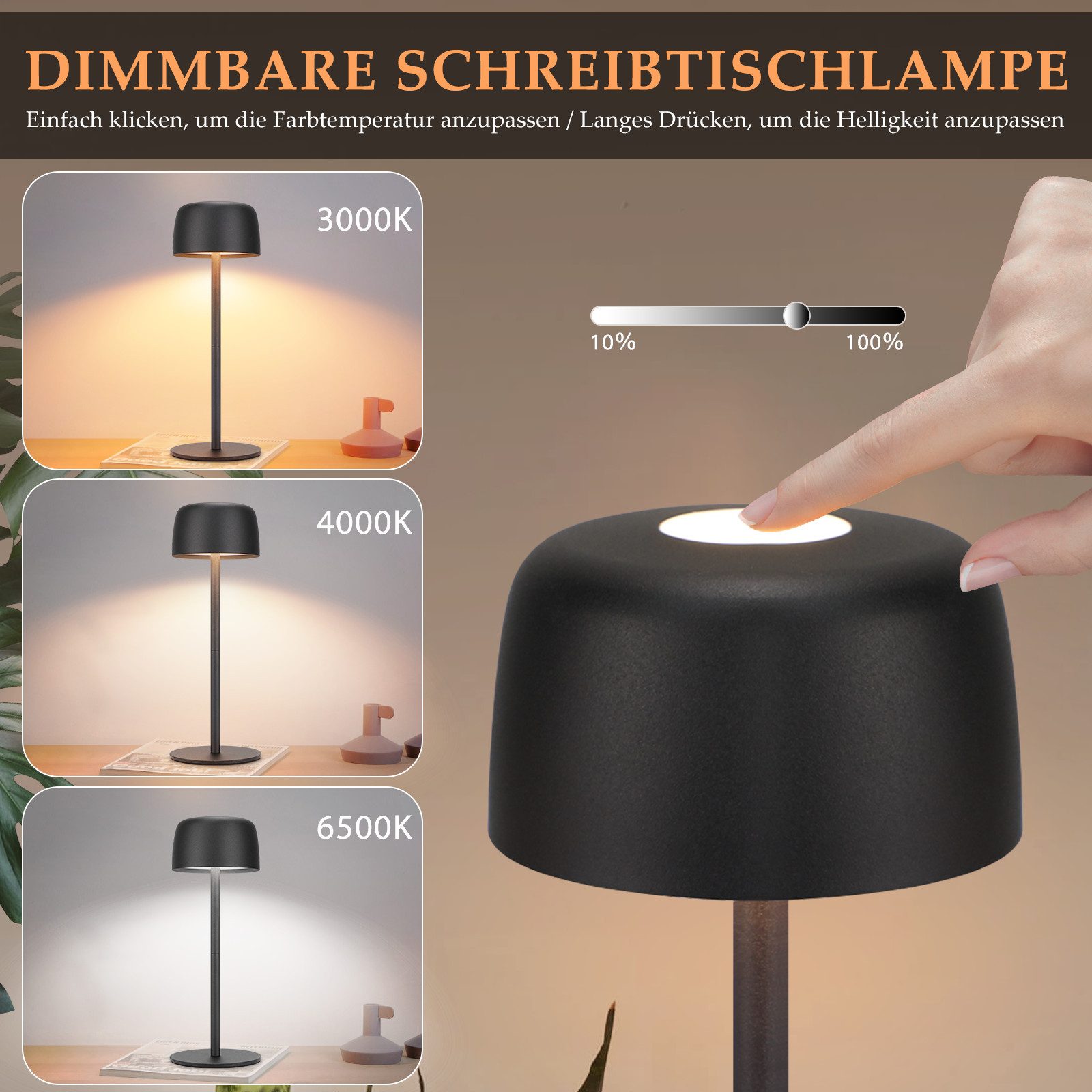 NETTLIFE Trådlös LED-bordslampa, steglös dimning nattlampa med batteri