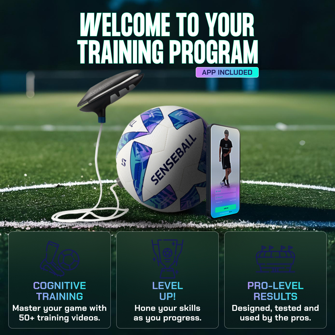 SenseBall® fotbollsträning – teknikboll & app, stl. 3, blå-vit, dribbling och bollkontroll med båda fötterna