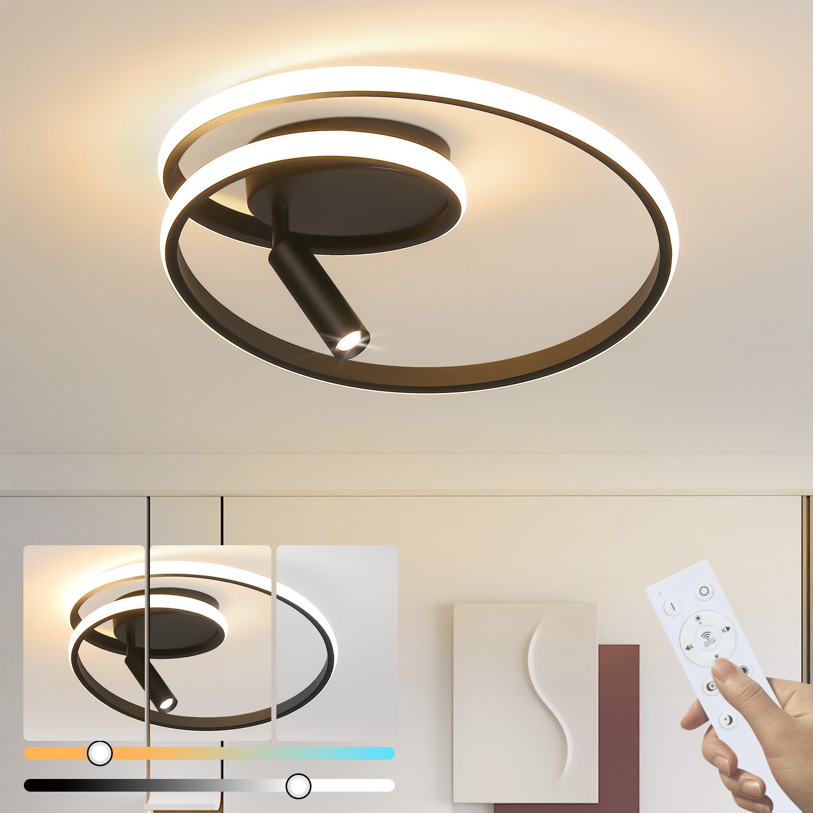 NETTLIFE dimbar, LED-taklampa, 40 cm, modern, design, 37 W med spotlight, för sovrum, vardagsrum, svart