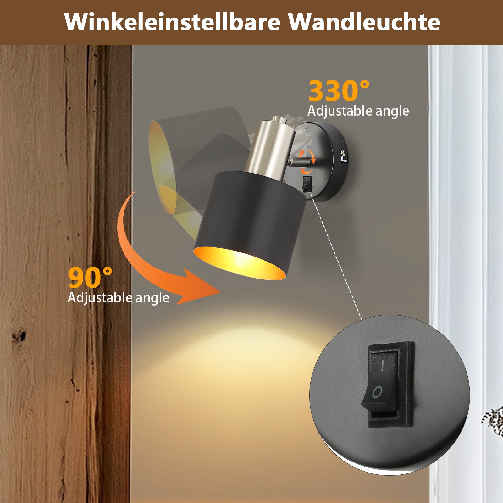 NETTLIFE Vägglampa för inomhusbruk, Vintage - väggspotlight, Svart, 330°, Roterande, E27, Liten, Metall