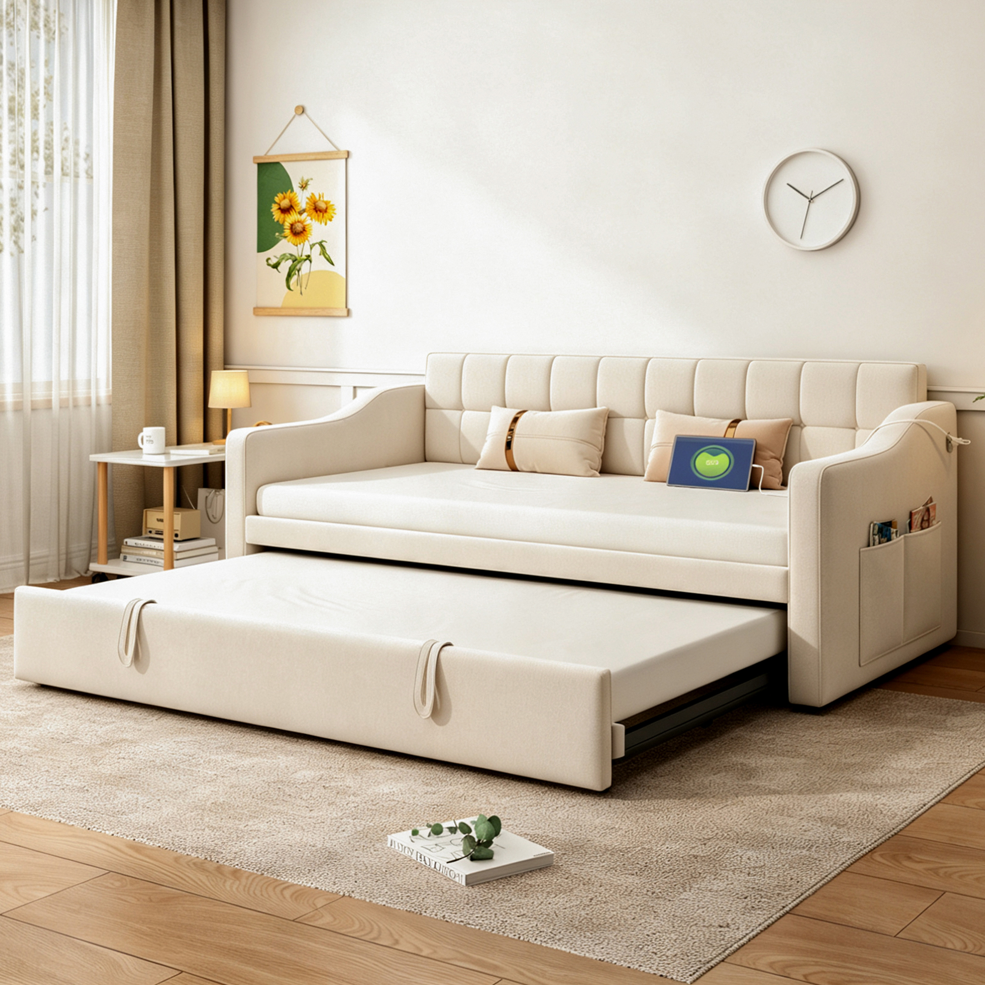 säng 90x190 cm beige sammet i trä och metall med förvaringsutrymme och USB-laddningsanslutningar