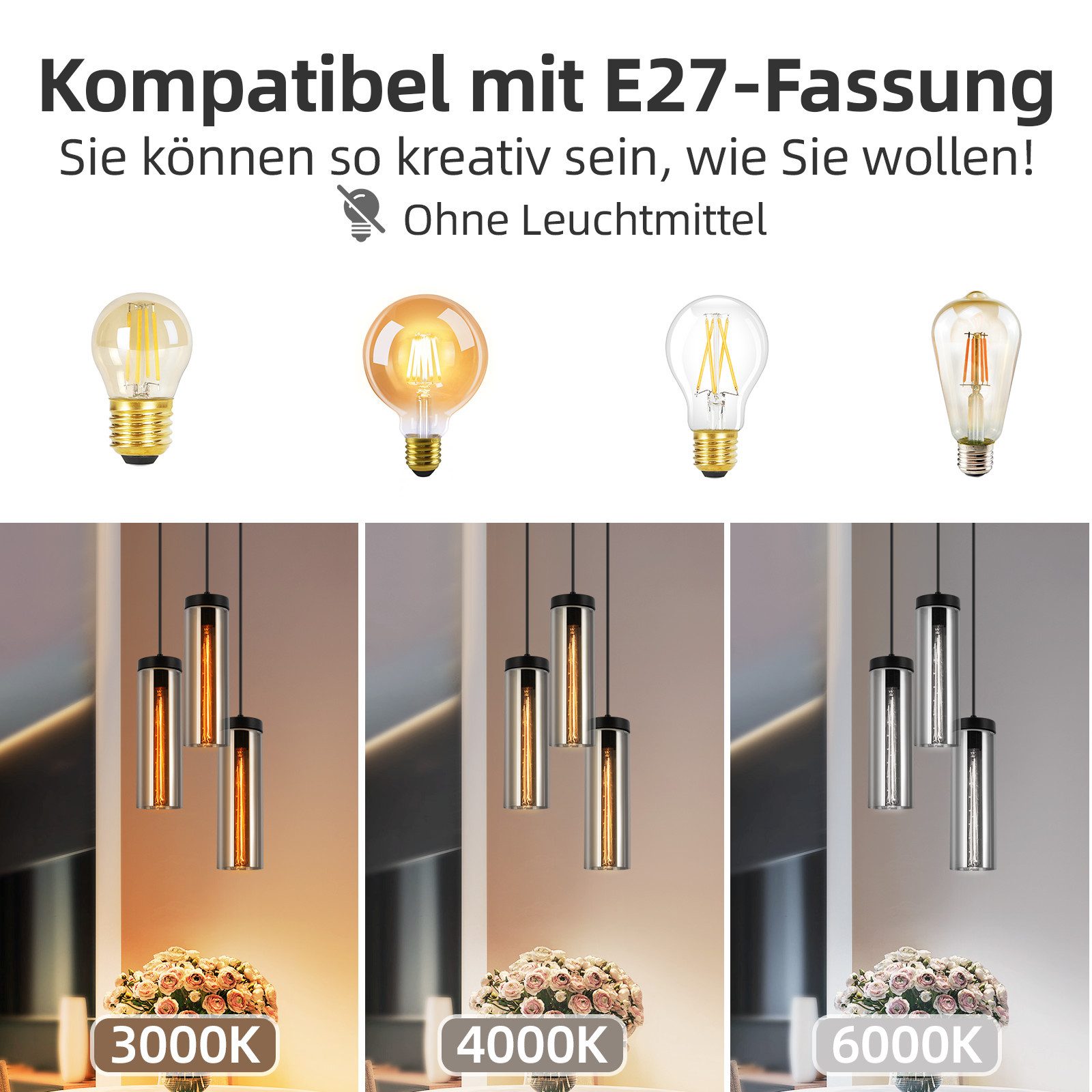 NETTLIFE Retro, mattsvart, glas, matbord, hängande lampa, 3 lågor, E27