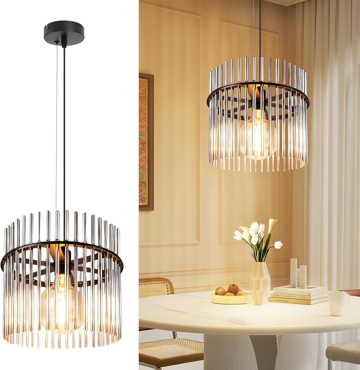 NETTLIFE Retro svart hänglampa, glaspendellampa med E27-hållare, 1 ljuskälla, 30 cm, för matbord, för kök (utan glödlampa)
