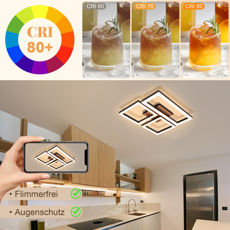 NETTLIFE Modern LED-taklampa 21W Svart fyrkantig träimitation För kök, vardagsrum och hall 3000K Varmvit
