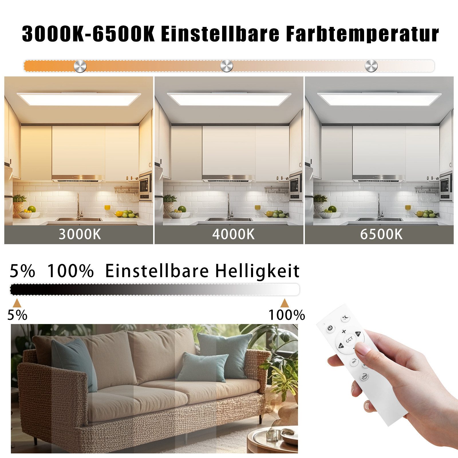 NETTLIFE dimbar LED-taklampa 100x25 cm lång platt takpanel med fjärrkontroll stor vit 24W