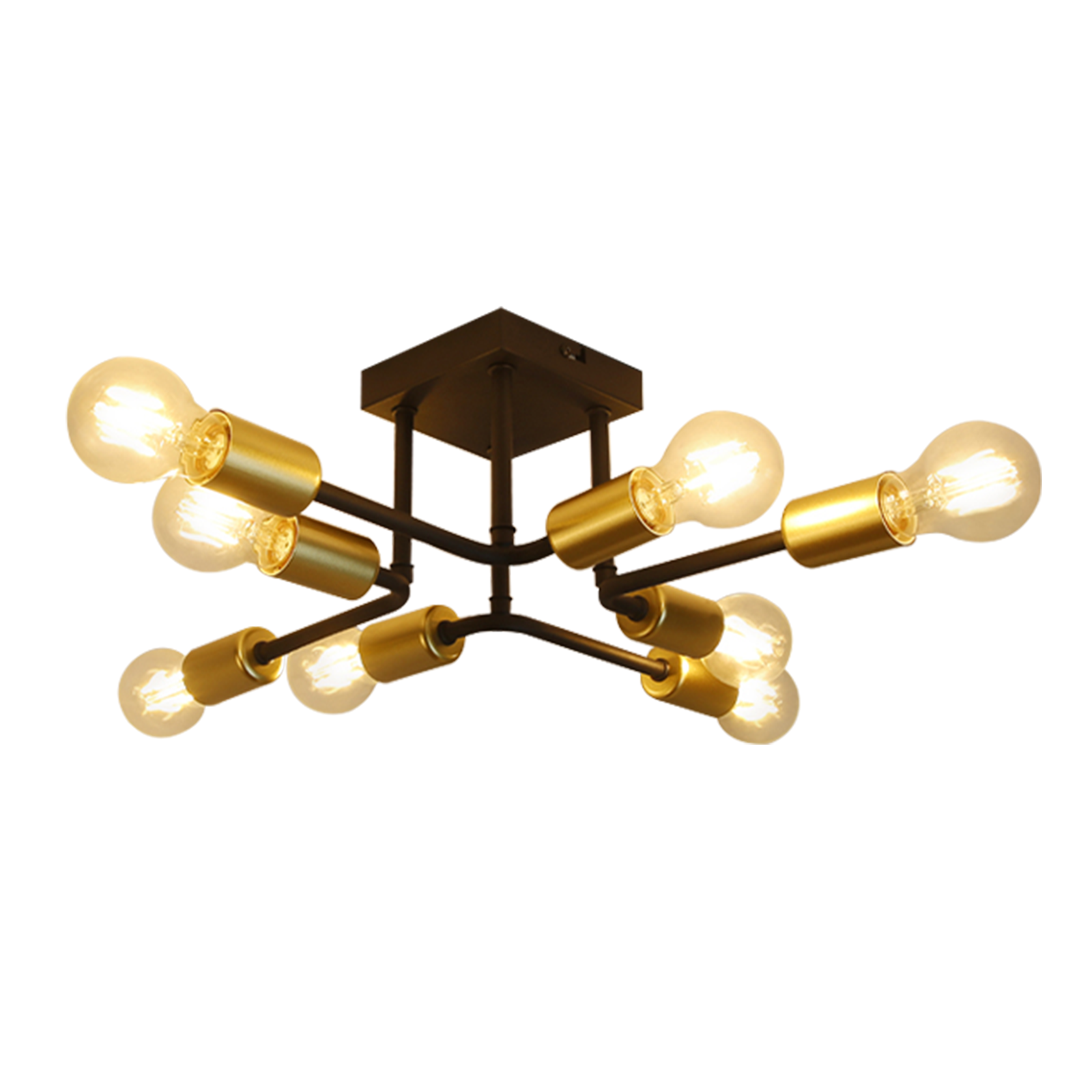 NETTLIFE - taklampa, 48,5 * 48 * 16cm E27Vintage - industrilampa i metall, med 8 glödlampor, svart och guld, för sovrum, max. 25W