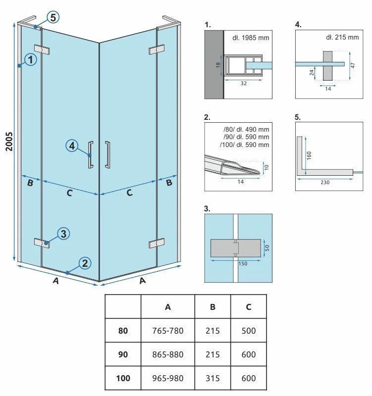 REA Duschkabin Hugo Double 100x100 Svart, 100x100x200,5cm