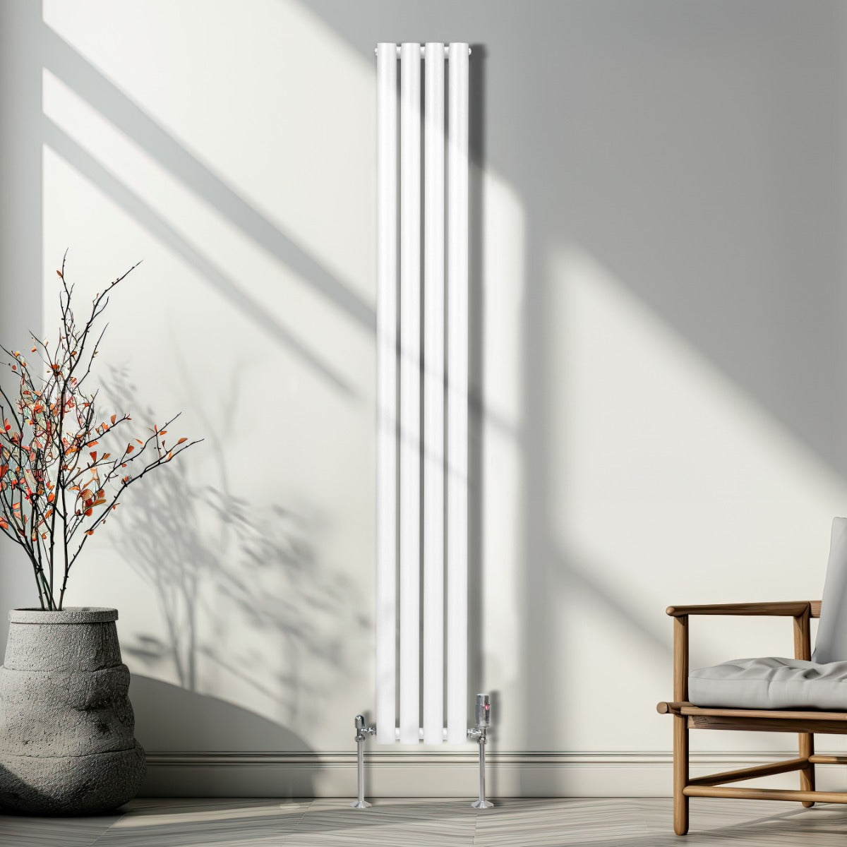 Oval kolumnradiator och ventiler - 1800 mm x 240 mm - Vit