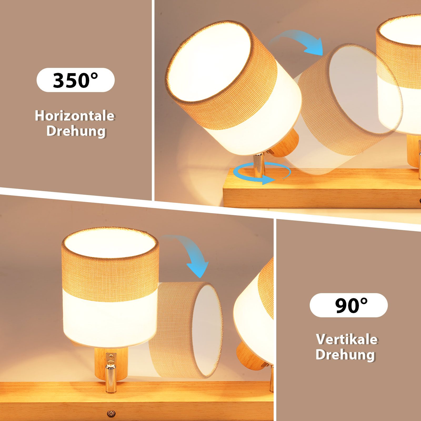 NETTLIFE Takspotlight i trä med 3 lågor - vintage E14-taklampa med retro tygskärm, 350° justerbar
