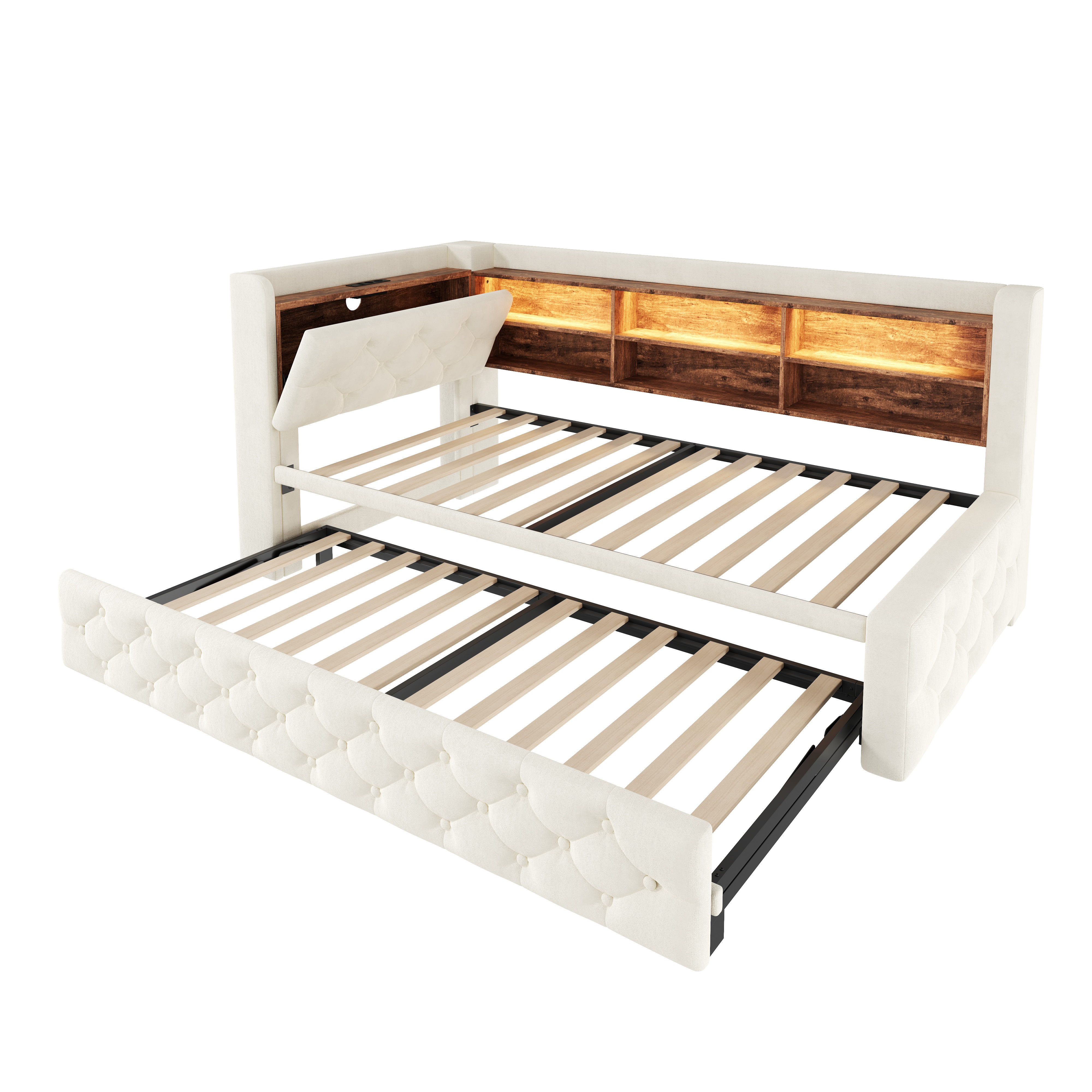 säng 90x190 cm beige tyg trä kopfteil låda LED-belysning USB type-c lattenrost