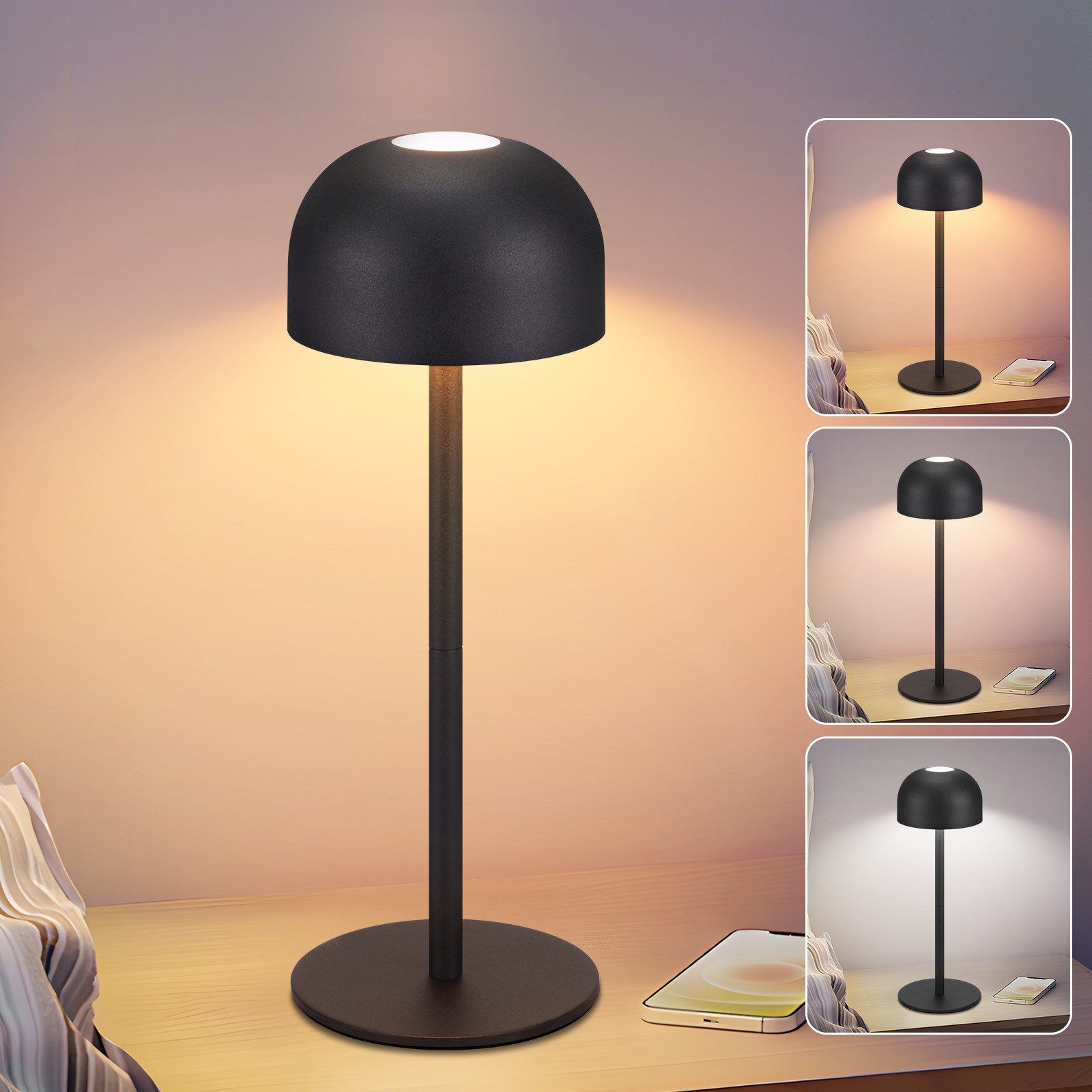 NETTLIFE Trådlös LED-bordslampa: Dimbar pekskärmsbordslampa med 3 färgtemperaturer, USB