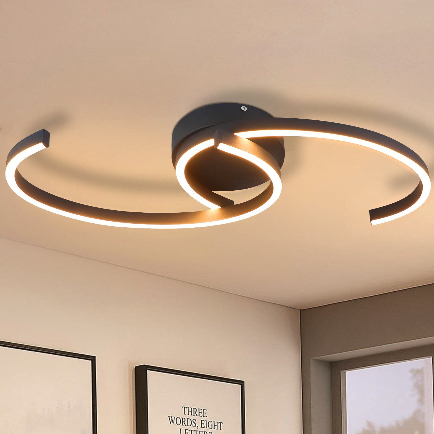 NETTLIFE modern LED-taklampa, 60 cm, svart 24W varmvit vardagsrumslampa för sovrum, kök, hall, matsal