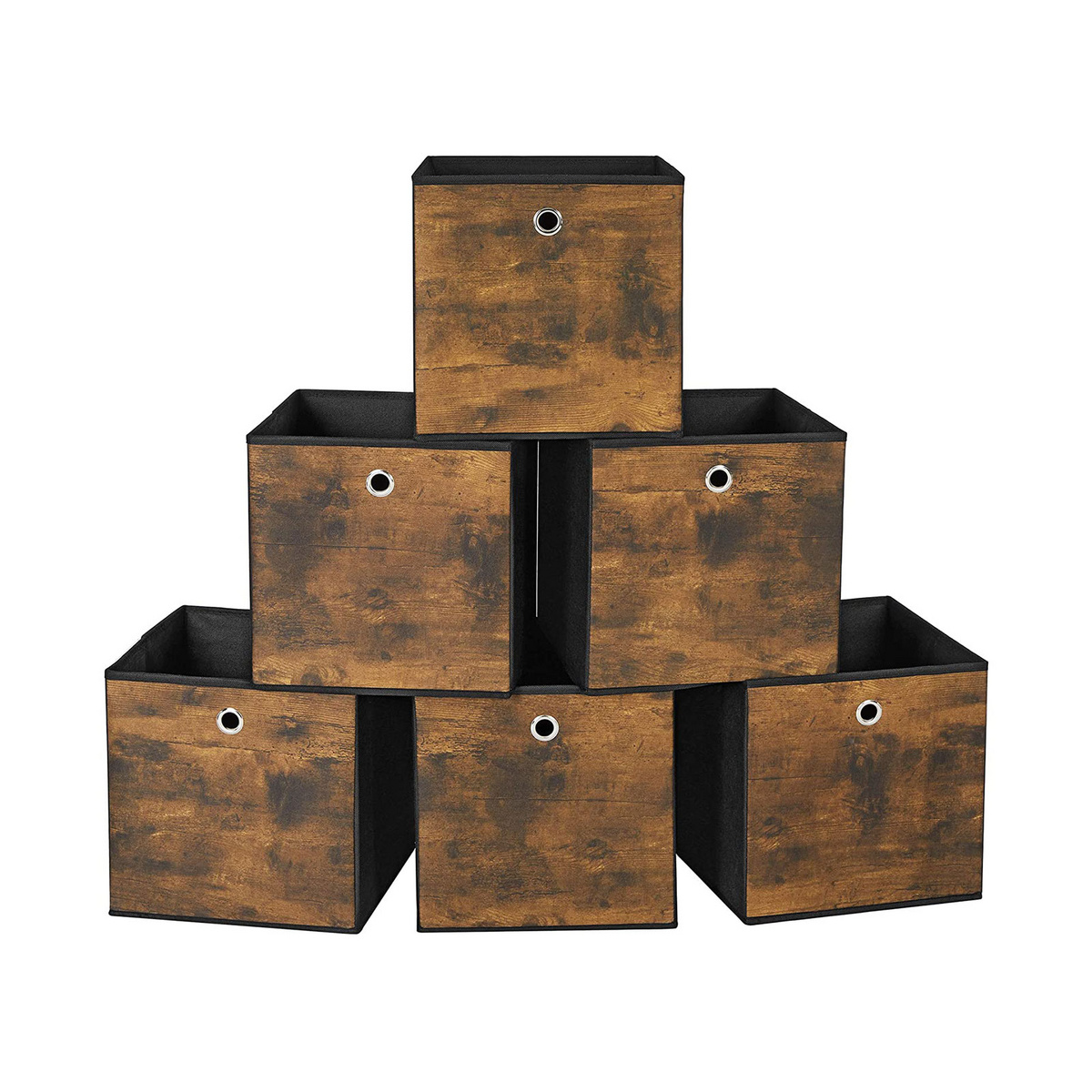 SONGMICS förvaringslådor, 6-pack, 30 × 30 × 30 cm, hopfällbar, rustikbrun/svart, RFB102B01