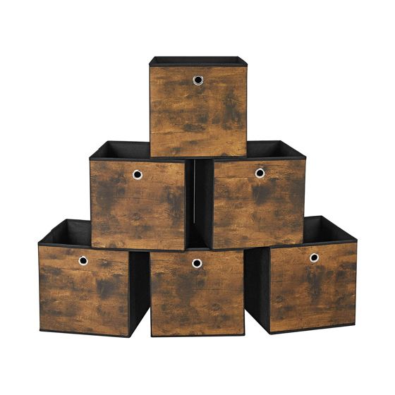 Songmics förvaringslådor, 6-pack, 30 × 30 × 30 cm, hopfällbar, rustikbrun/svart, RFB102B01