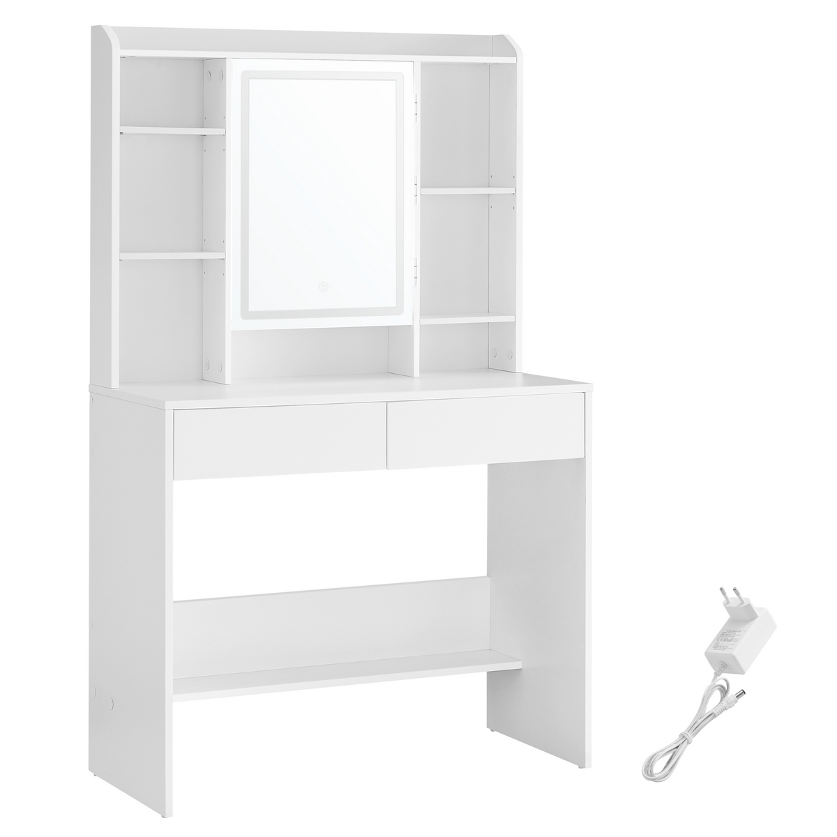 VASAGLE sminkbord, 2 lådor, justerbar hylla, med spegel, vit, RDT123T14