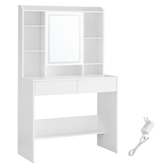 Vasagle sminkbord, 2 lådor, justerbar hylla, med spegel, vit, RDT123T14