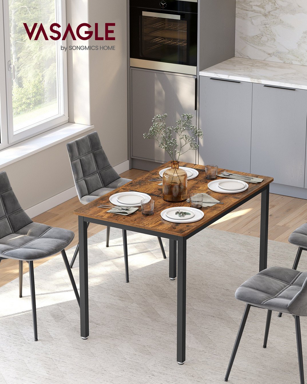 VASAGLE matbord, 70 × 110 × 77 cm, rustikbrun/svart, KDT081B01