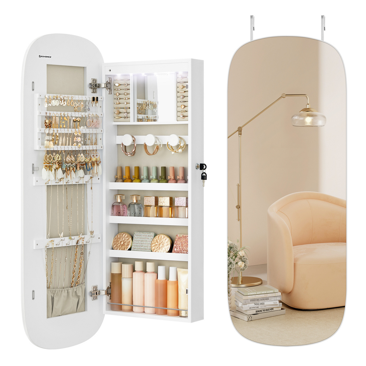 Songmics spegel, 10 × 42 × 108 cm, låsbar, med LED-belysning, greige, JJC026W01