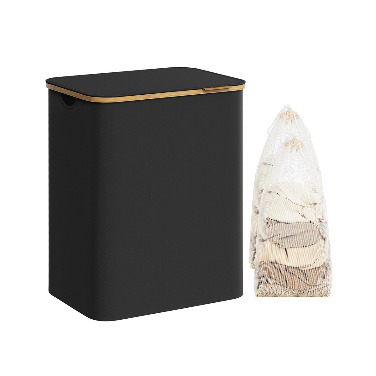 Songmics tvättkorg, 130 L, 52 × 38.5 × 70.5 cm, med lock, svart, LCB513B01