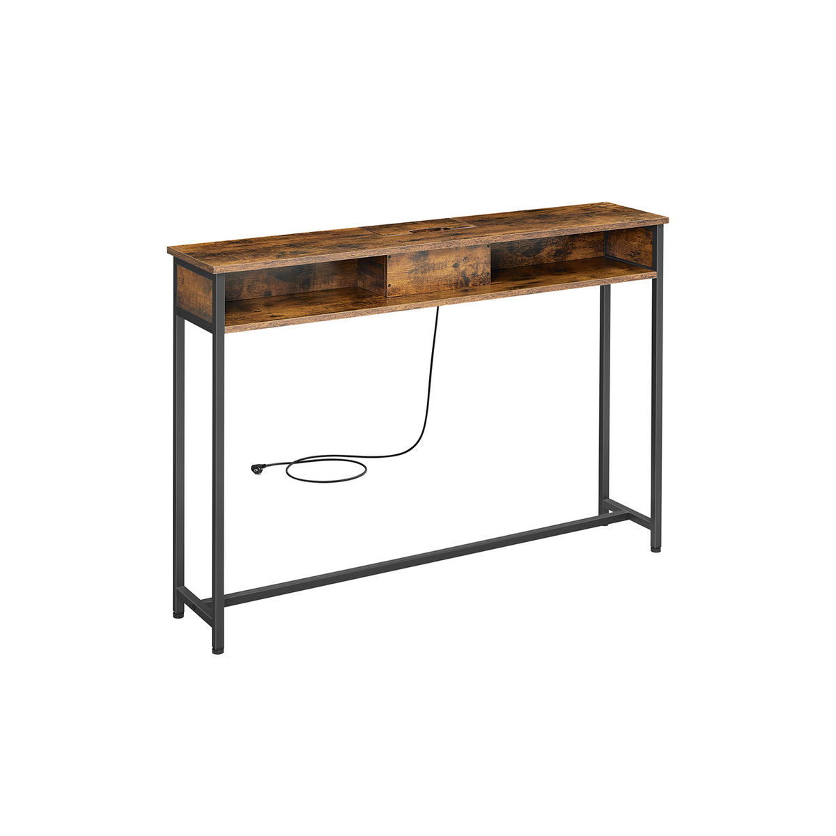 VASAGLE konsolbord, 2 fack, 25 × 120 × 81 cm, med laddstation, rustikbrun/svart, LNT111K01