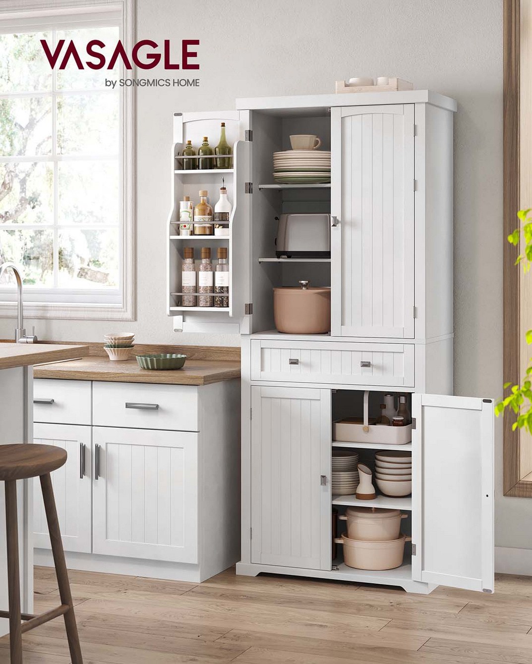 VASAGLE förvaringsskåp, 6 dörrar, 40 × 76 × 182.1 cm, justerbar hylla, fristående, vit, BBC561W21