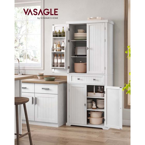 Vasagle förvaringsskåp, 6 dörrar, 40 × 76 × 182.1 cm, justerbar hylla, fristående, vit, BBC561W21