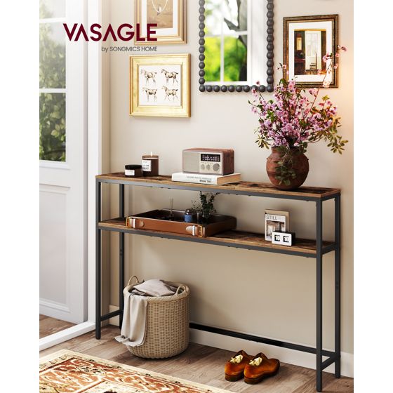 Vasagle konsolbord, 2 nivåer, 2 hyllor, 20 × 120 × 80 cm, rustikbrun/svart, LNT133K01V1