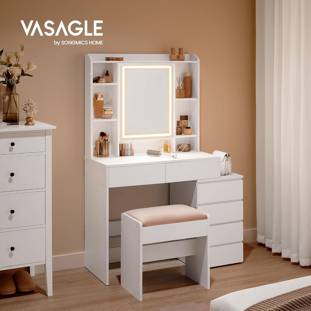 VASAGLE sminkbord, justerbar hylla, med spegel, molnvit, RDT125W01