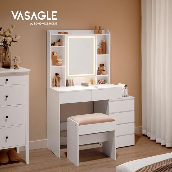 Vasagle sminkbord, justerbar hylla, med spegel, molnvit, RDT125W01
