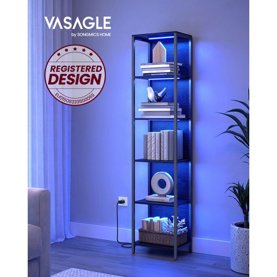 Vasagle bokhylla, 6 nivåer, 30.3 × 40 × 178.6 cm, justerbar, med LED-belysning, svart, LLS121B57