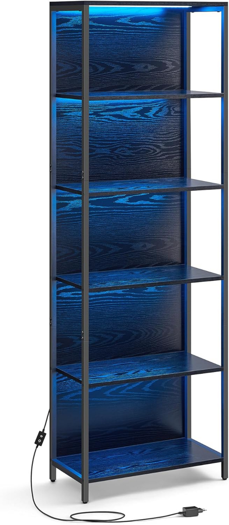VASAGLE bokhylla, 6 nivåer, 30.3 × 60 × 178.6 cm, justerbar, med LED-belysning, svart, LLS120B57