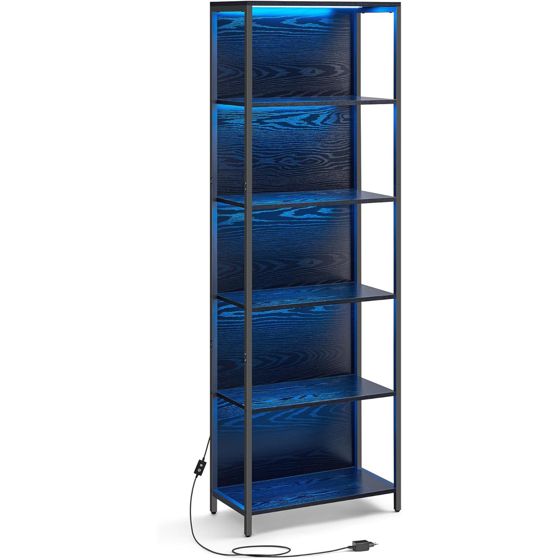 Vasagle bokhylla, 6 nivåer, 30.3 × 60 × 178.6 cm, justerbar, med LED-belysning, svart, LLS120B57