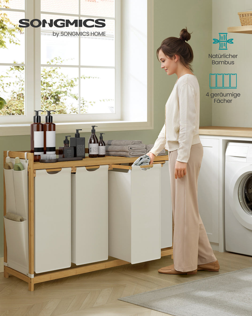 Songmics tvättsorterare, 4 fack, 4 × 50 L, 124.6 × 33 × 78 cm, gräddvit, RLH120W01