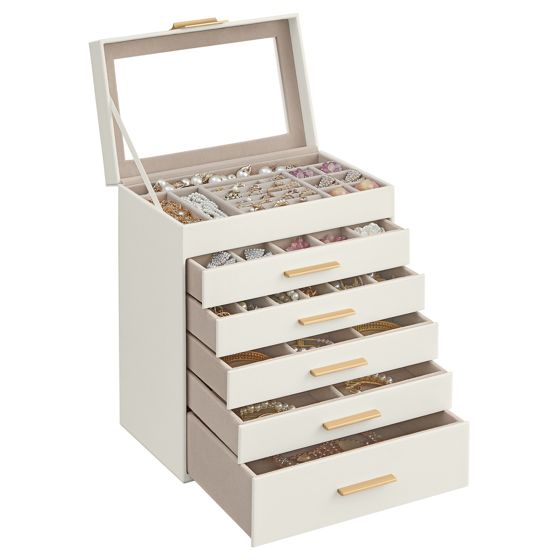 Songmics smyckeskrin, 5 lådor, 16.3 × 25.1 × 29 cm, molnvit/guld, UJBC171W01