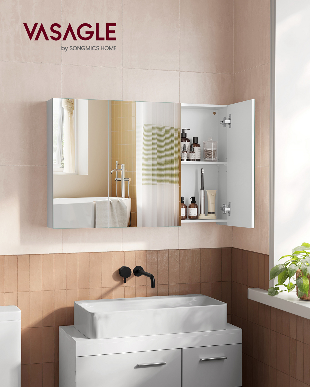 Vasagle spegel, 3 dörrar, 15 × 90 × 60 cm, justerbar hylla, vit, BBK032W01