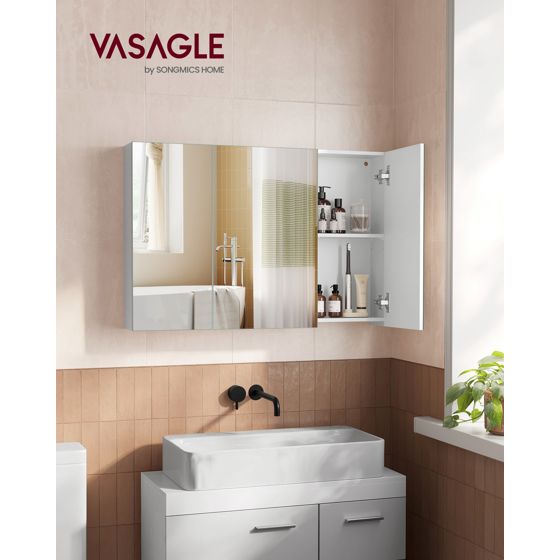 Vasagle spegel, 3 dörrar, 15 × 90 × 60 cm, justerbar hylla, vit, BBK032W01
