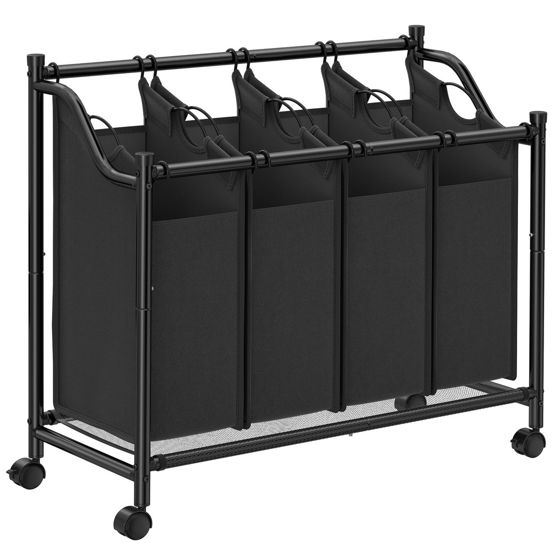 Songmics tvättsorterare, 4 × 35 L, med hjul, svart, LSF005