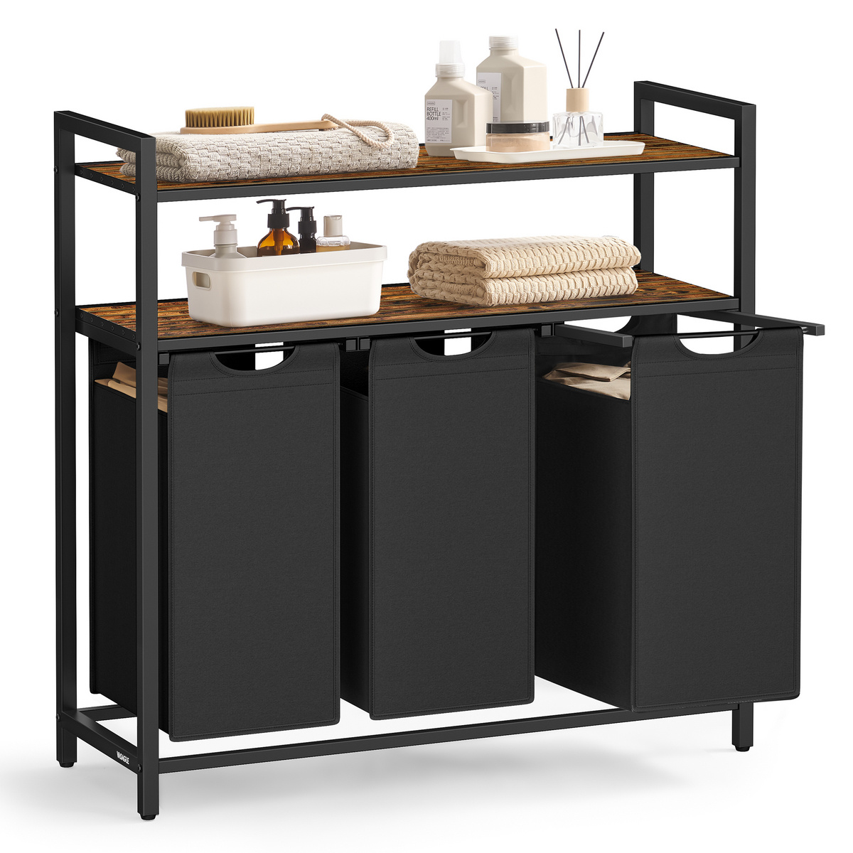 VASAGLE tvättkorg, 2 hyllor, 40 L, rustikbrun/svart, UBLH213B01