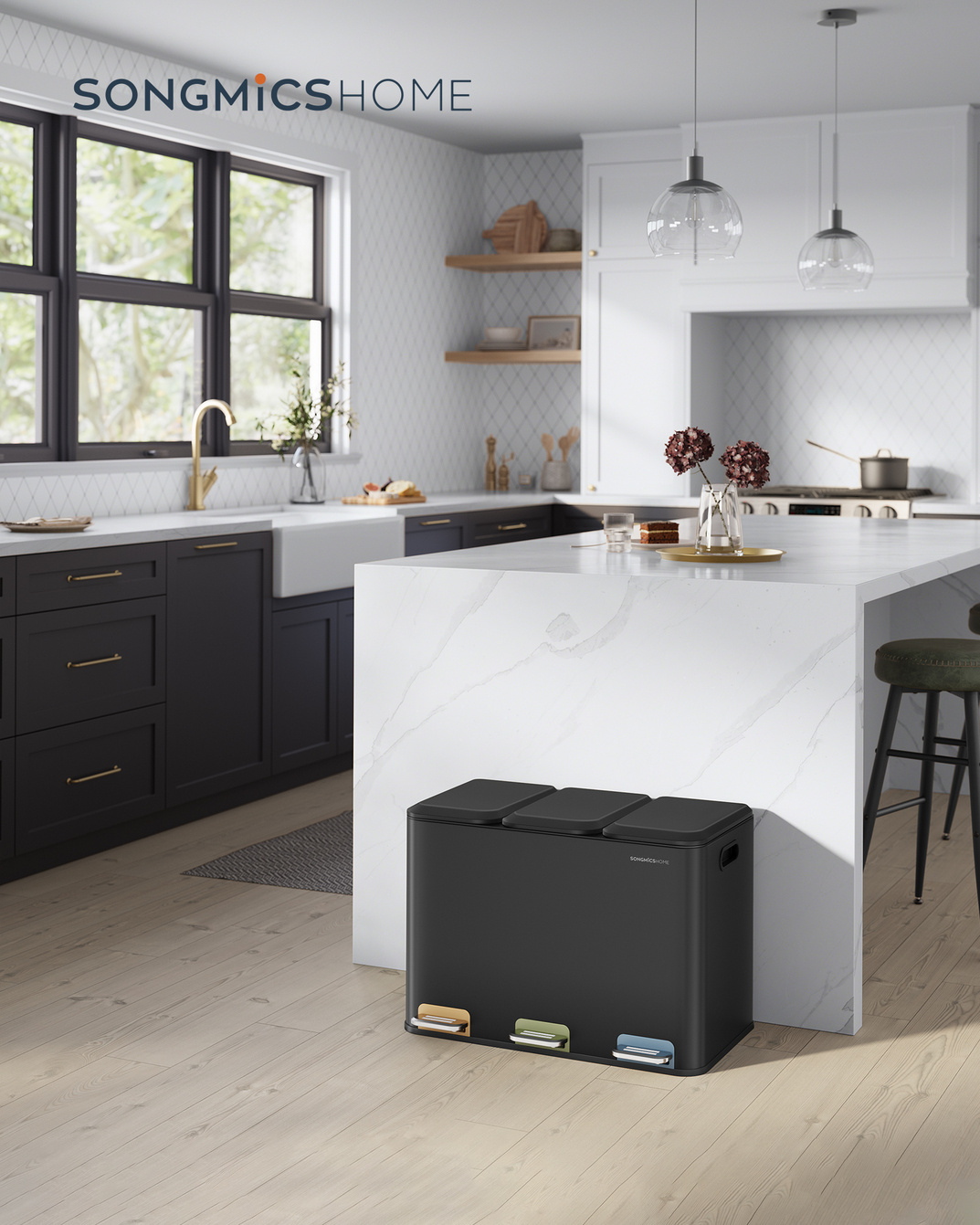 SONGMICS soptunna, 3 × 15 L, svart, LTB740B02