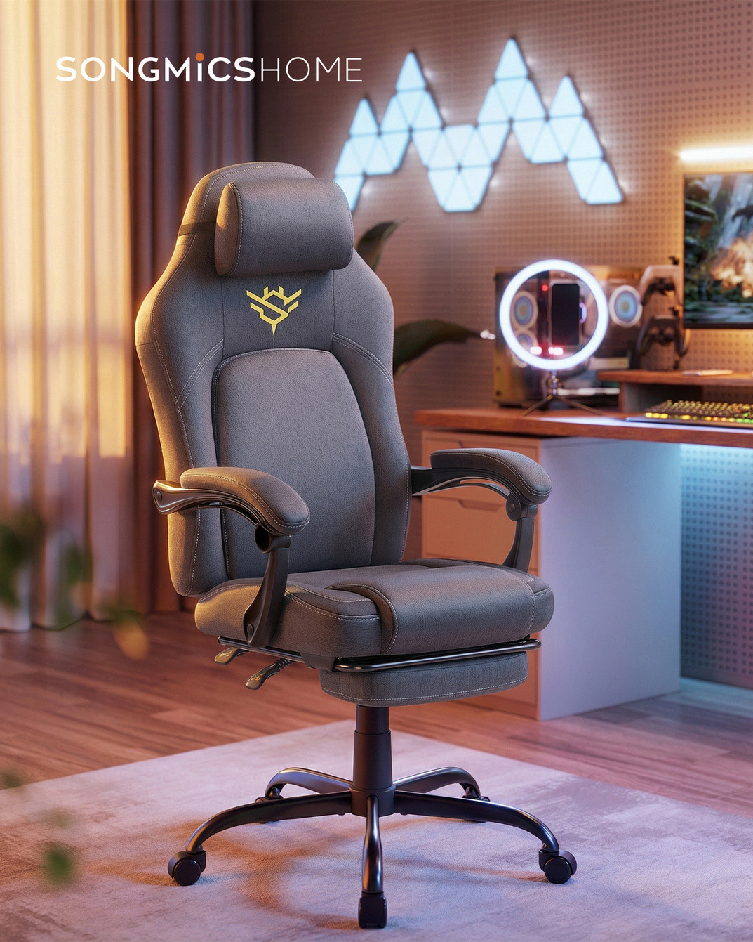 SONGMICS HOME gamingstol, höjdjusterbar, snurrbar, duvgrå, OBG072G01