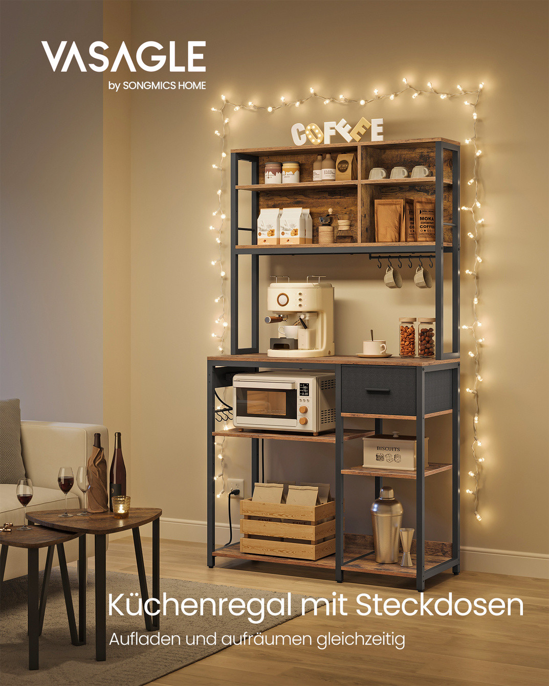 VASAGLE kökshylla, 12 krokar, 40 × 100 × 180.2 cm, justerbar hylla, med laddstation, rustikbrun/svart, KKS027K02