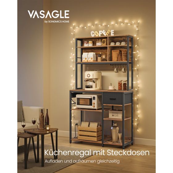 Vasagle kökshylla, 12 krokar, 40 × 100 × 180.2 cm, justerbar hylla, med laddstation, rustikbrun/svart, KKS027K02
