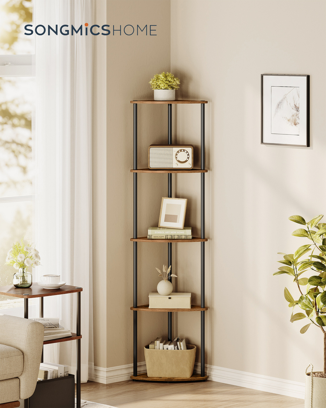 SONGMICS HOME hörnhylla, 5 nivåer, 38.3 × 27 × 139 cm, rustikbrun, LBC610K01