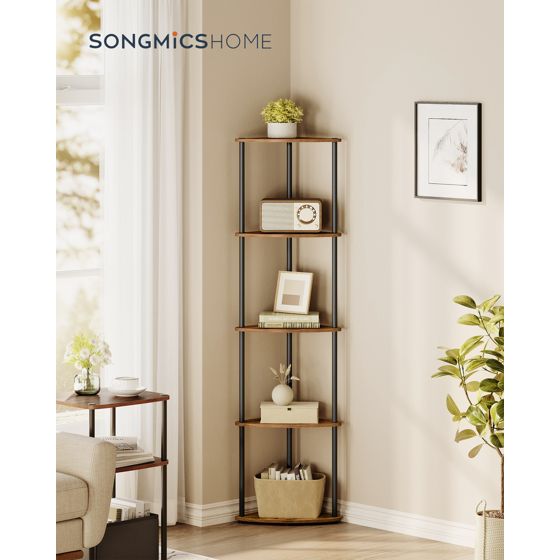 Songmics hörnhylla, 5 nivåer, 38.3 × 27 × 139 cm, rustikbrun, LBC610K01