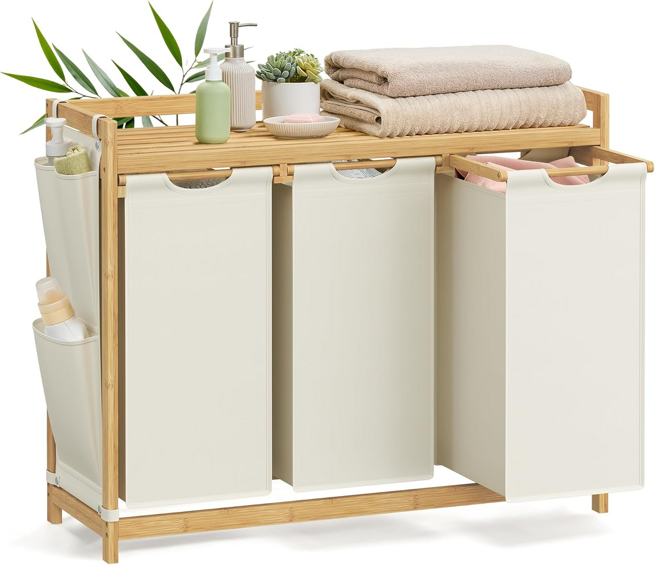 Songmics tvättkorg, 3 fack, 3 × 50 L, 94 × 33 × 78 cm, gräddvit, RLH115W01