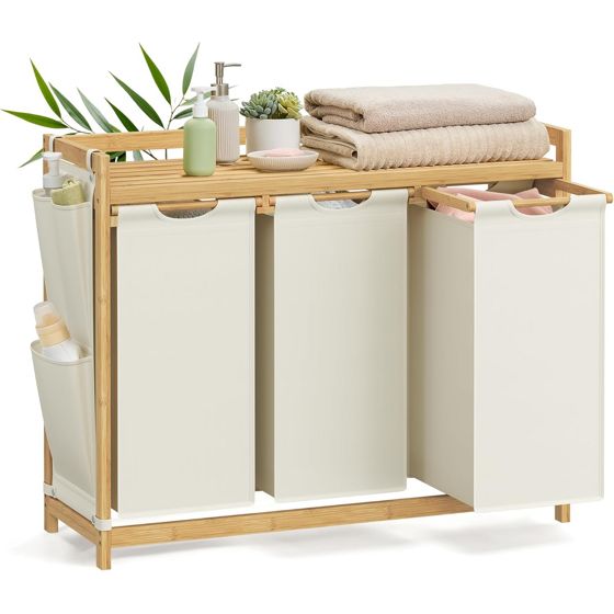 Songmics tvättkorg, 3 fack, 3 × 50 L, 94 × 33 × 78 cm, gräddvit, RLH115W01