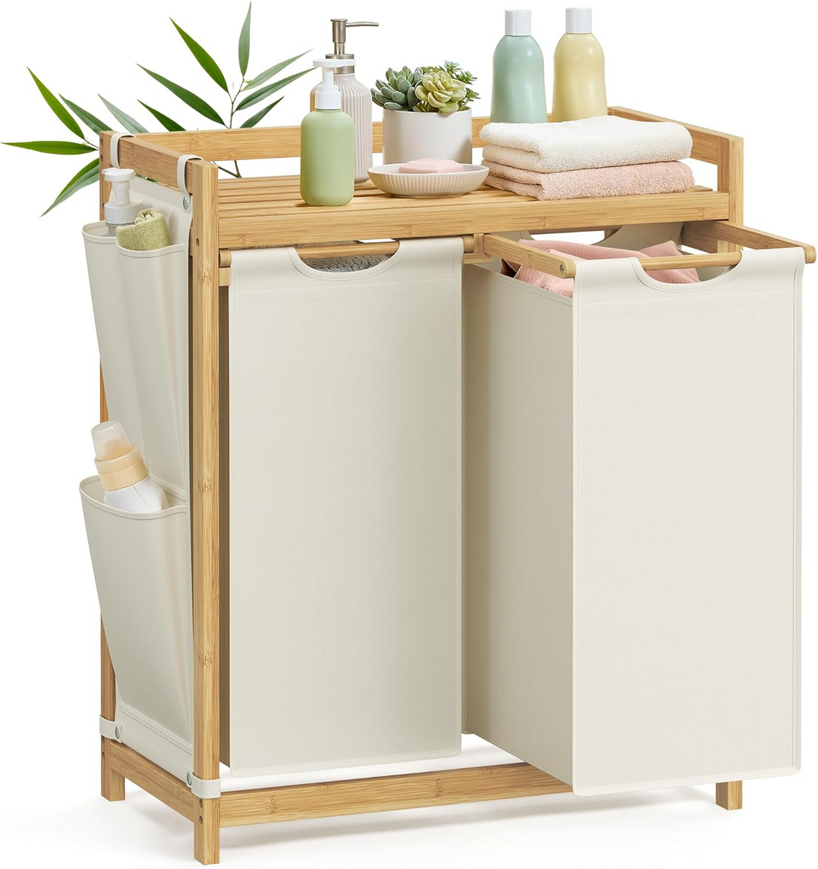 Songmics tvättkorg, 2 fack, 2 × 50 L, 63 × 33 × 78 cm, gräddvit, RLH100W01
