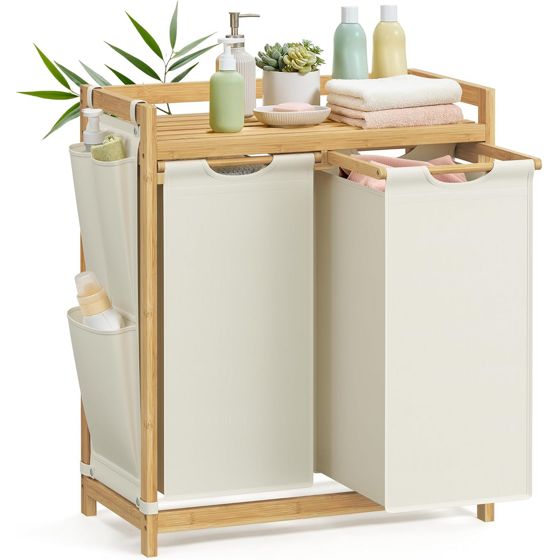 Songmics tvättkorg, 2 fack, 2 × 50 L, 63 × 33 × 78 cm, gräddvit, RLH100W01