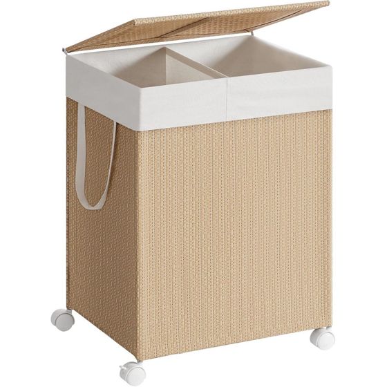 Songmics tvättkorg, 2 fack, 100 L, med lock, naturbeige, LCB601N01